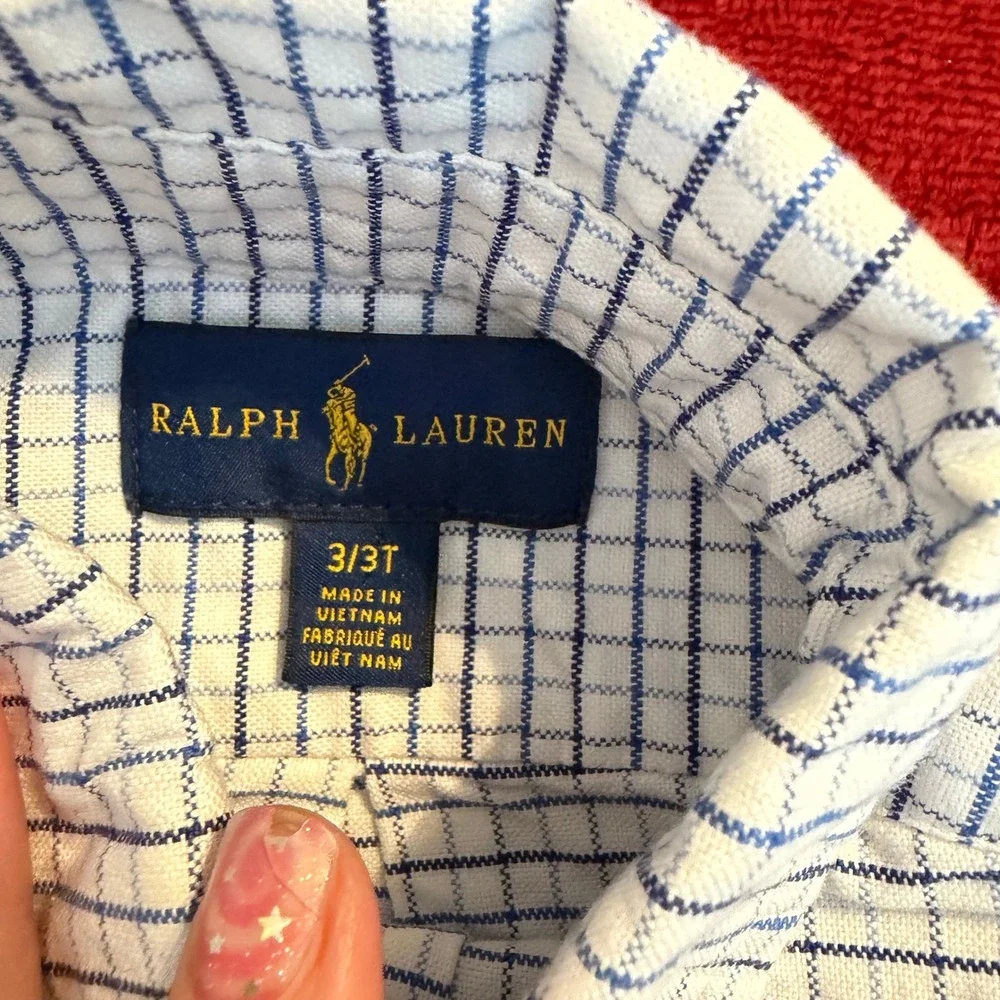 Ralph Lauren Boys 3T Blue‎ White Grid Check Long Sleeve Button Down Shirt Cotton